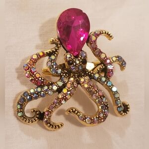 Colorful Octopus Brooch with Red Gemstone